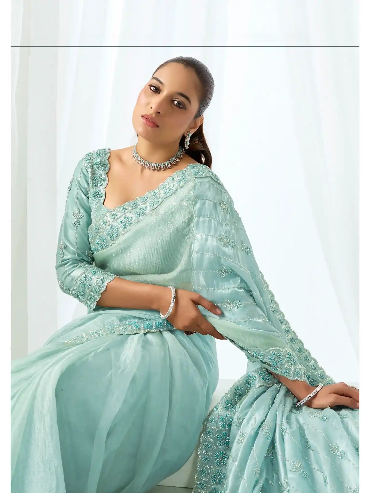 Ice Blue Organza Satin Sequins & Pearl Embellishment Saree - View 1
