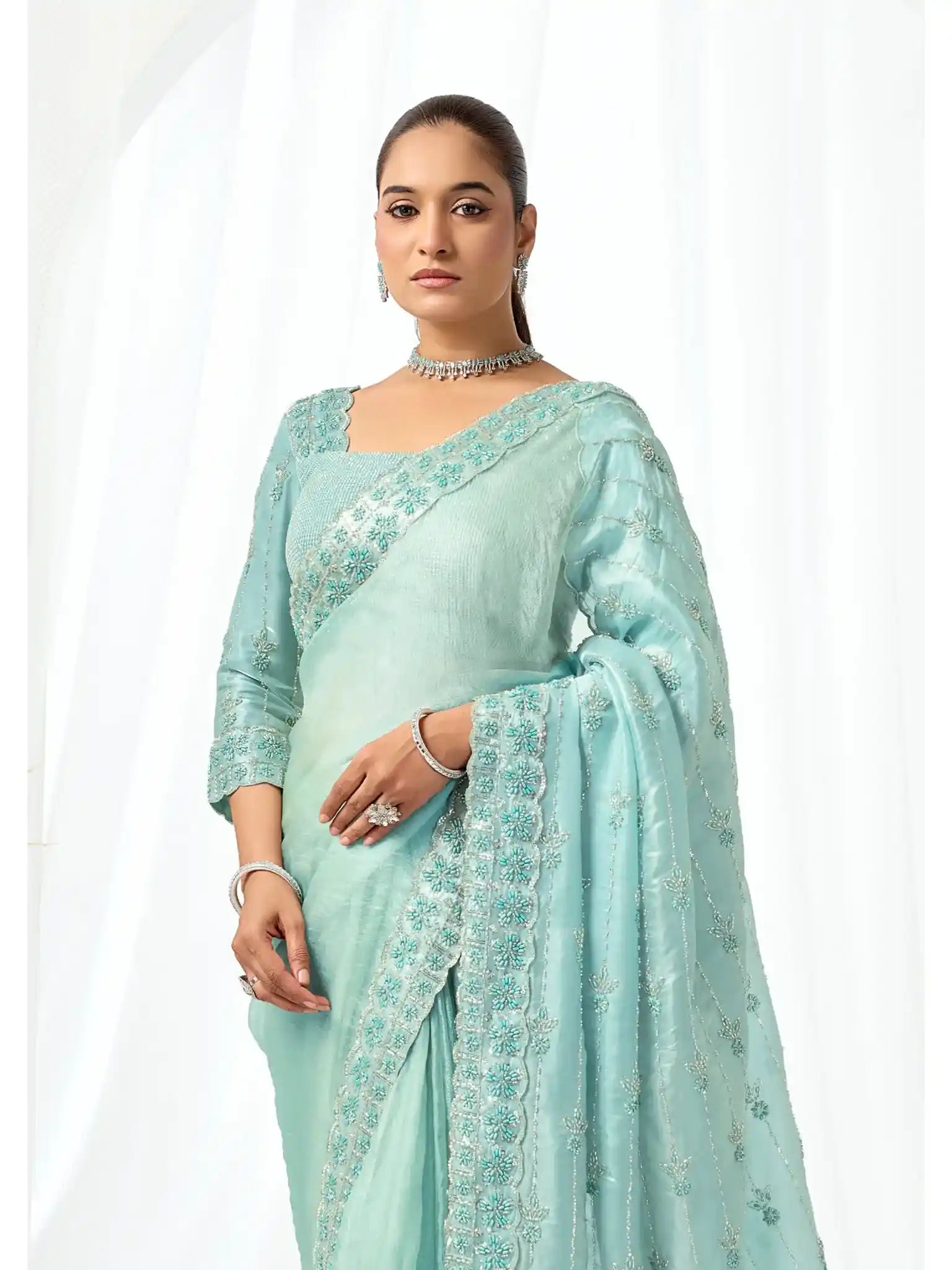 Ice Blue Organza Satin Sequins & Pearl Embellishment Saree - View 2