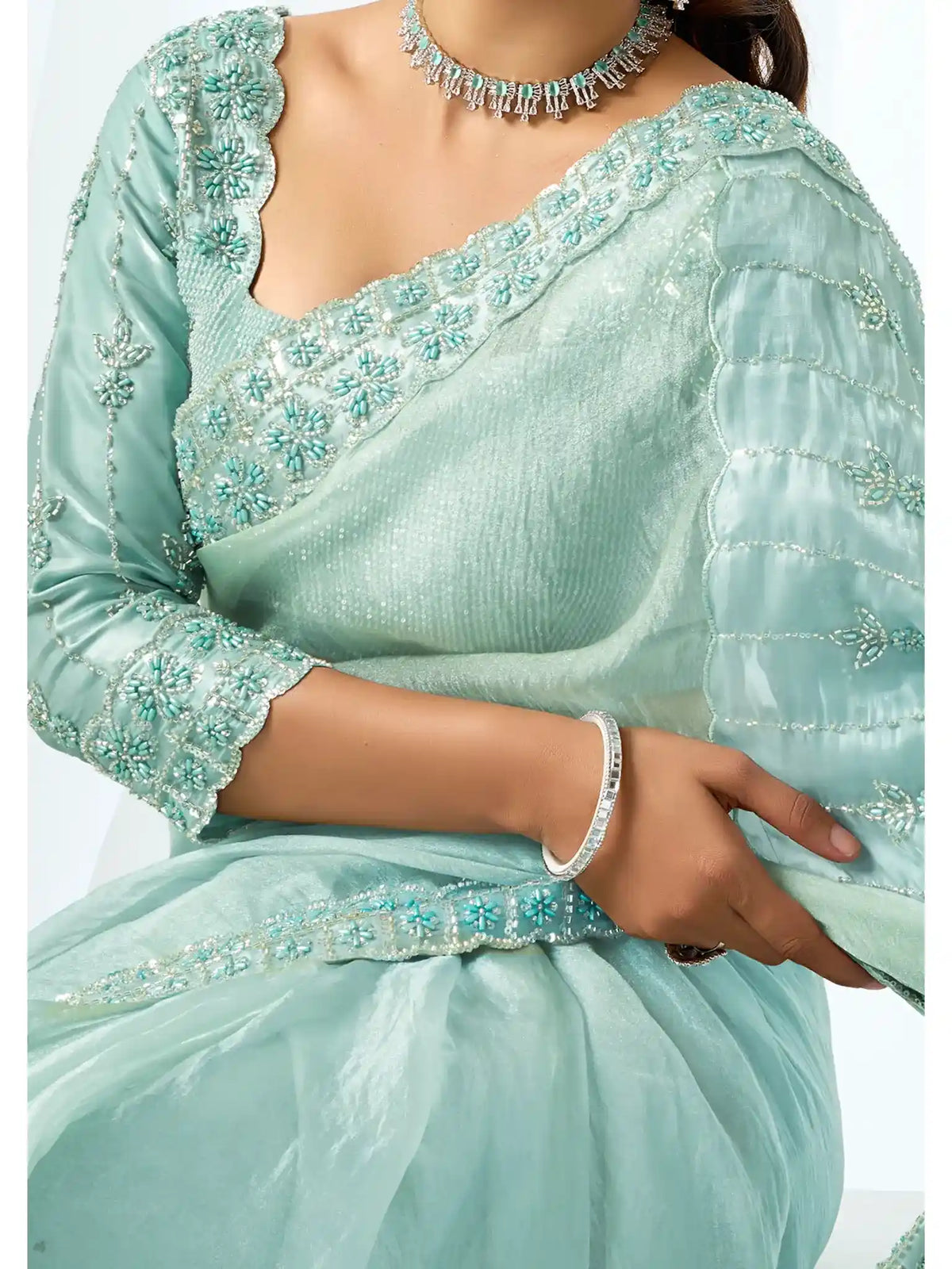 Ice Blue Organza Satin Sequins & Pearl Embellishment Saree - View 3