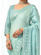 Ice Blue Organza Satin Sequins & Pearl Embellishment Saree - View 4