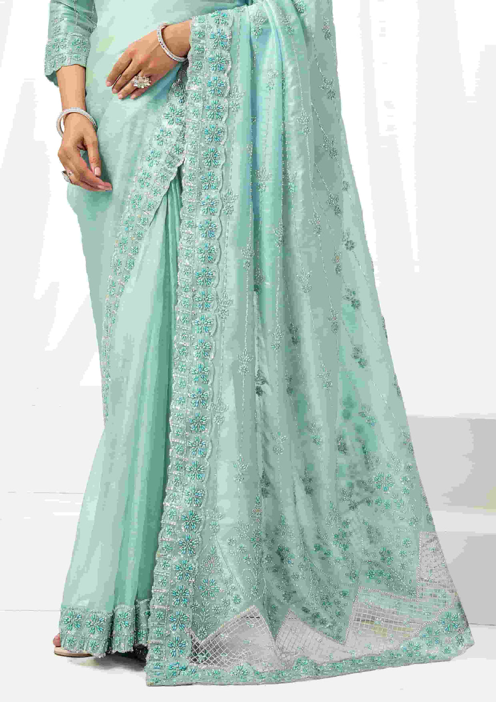 Ice Blue Organza Satin Designer Saree for Wedding, Reception & Party Wear