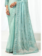Ice Blue Organza Satin Sequins & Pearl Embellishment Saree - View 5