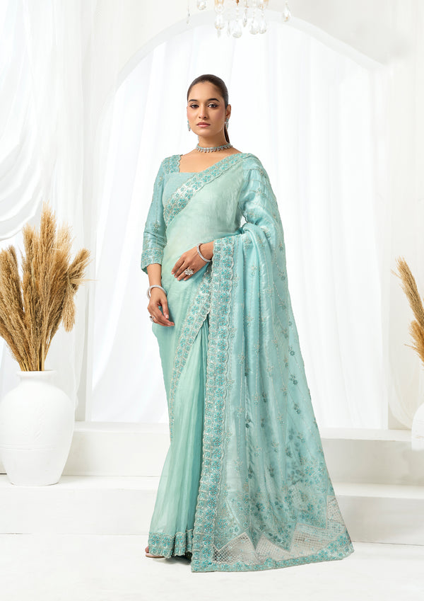 Ice Blue Organza Satin Sequins & Pearl Embellishment Saree