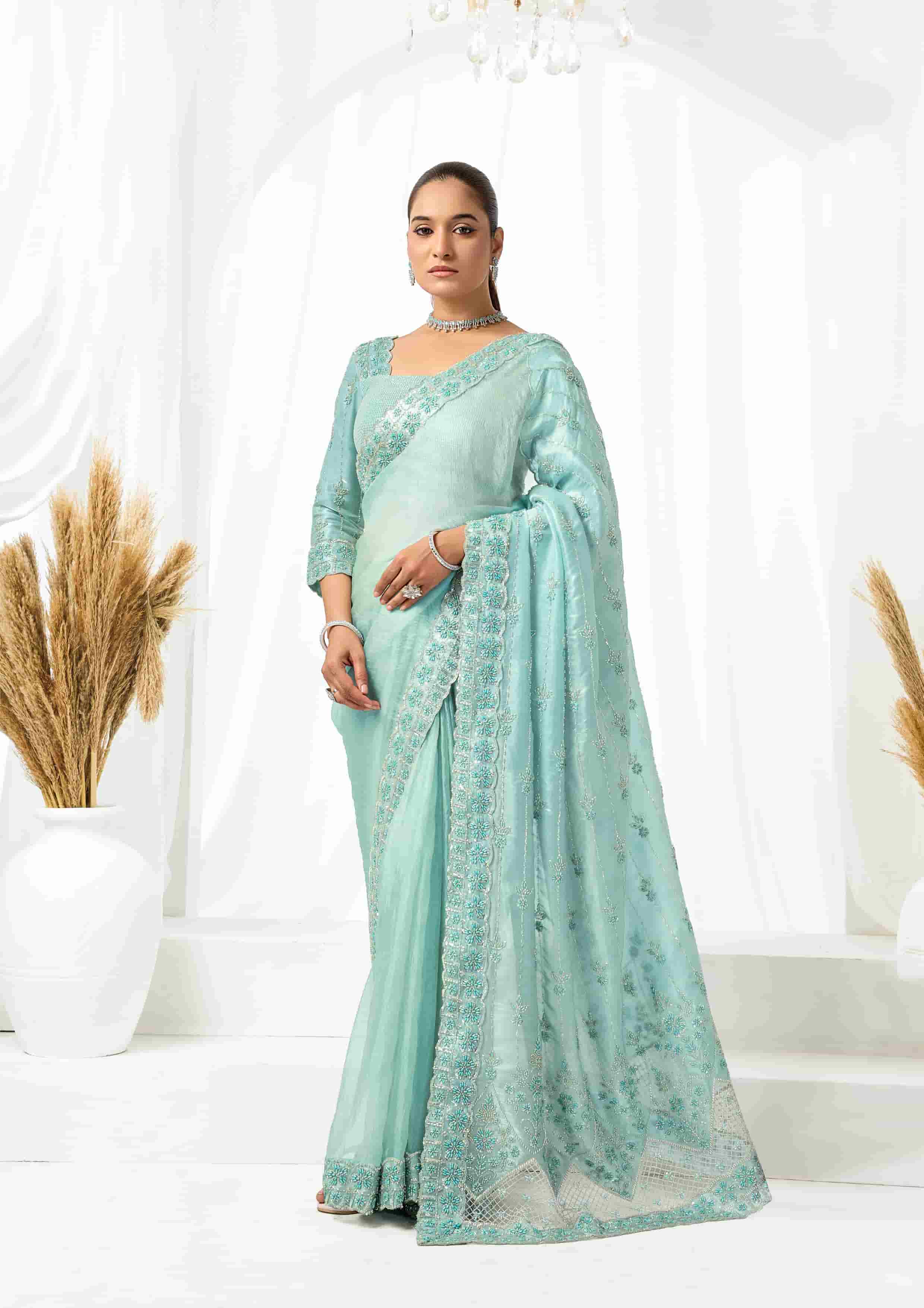 Ice Blue Organza Satin Designer Saree for Wedding, Reception & Party Wear