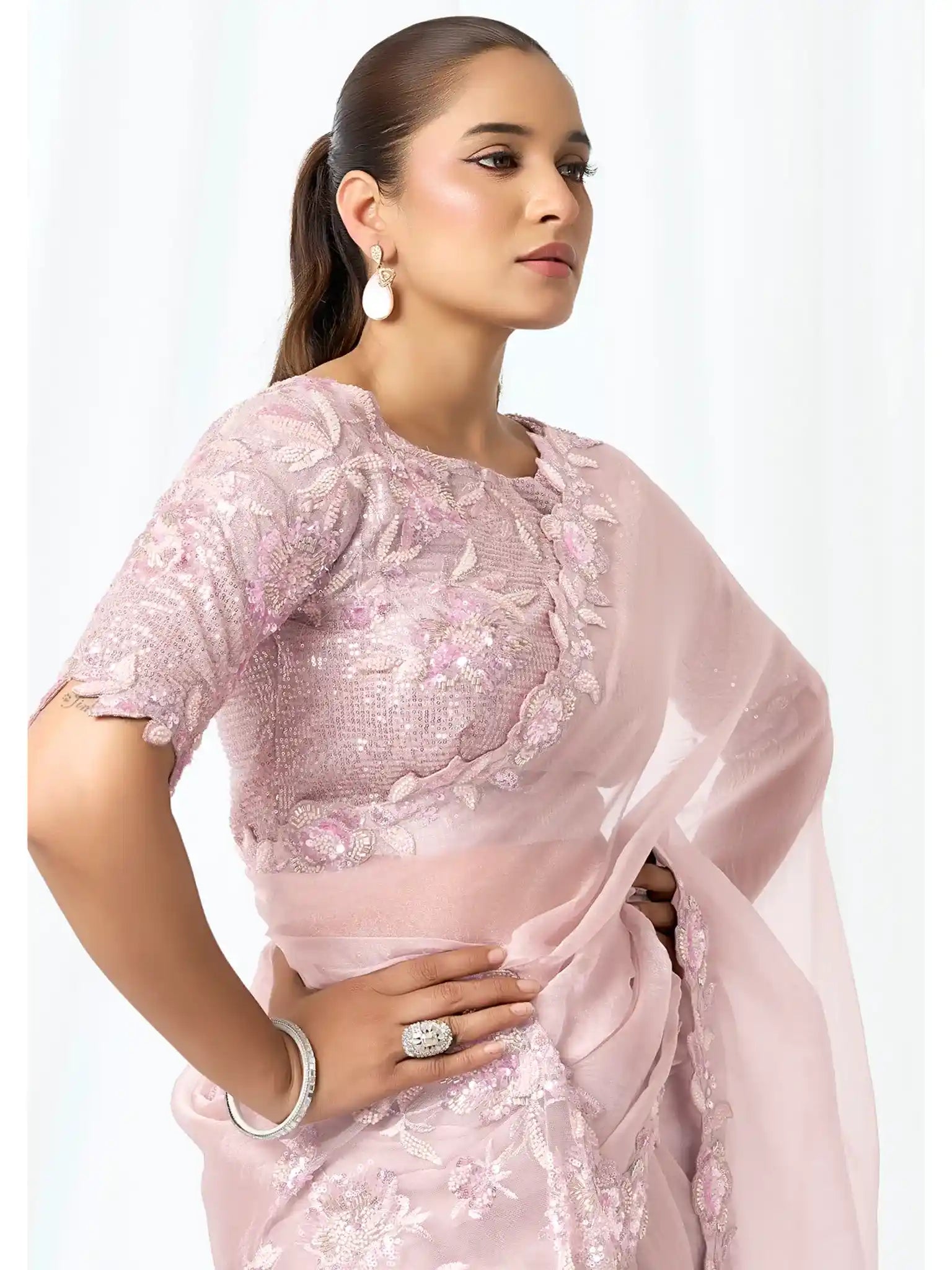 Blush Pink Organza Satin Dual Sequins & Beads Saree - View 1