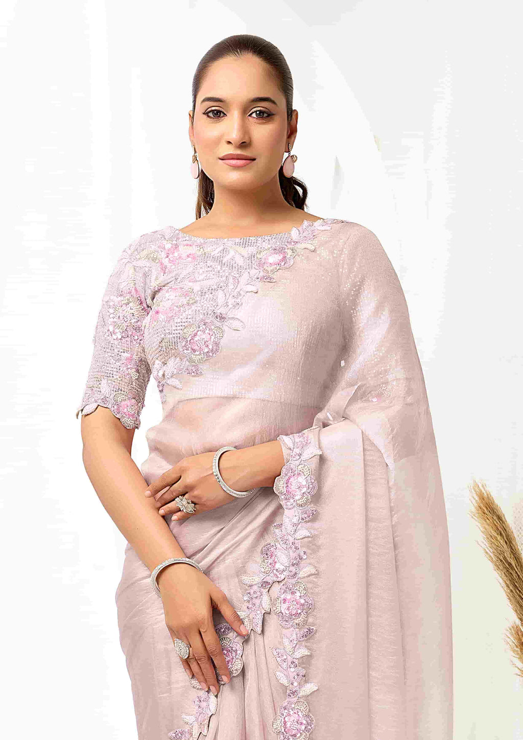 Blush Pink Organza Satin Designer Saree for Wedding, Reception & Party Wear