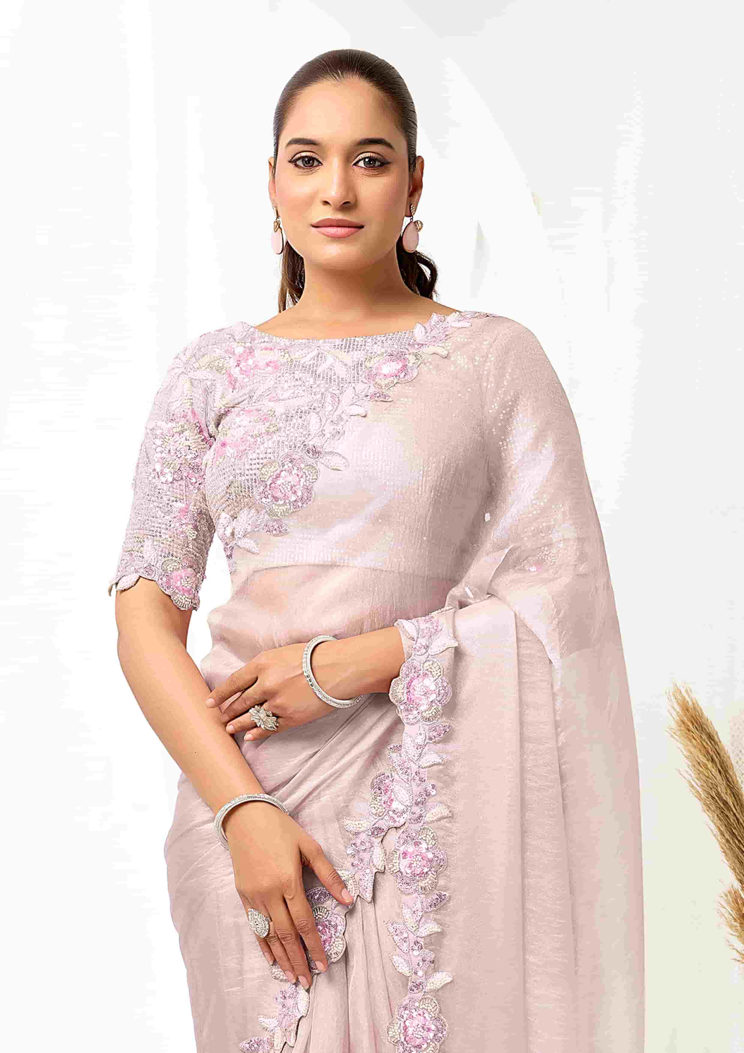 Blush Pink Organza Satin Designer Saree for Wedding, Reception & Party Wear