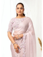 Blush Pink Organza Satin Dual Sequins & Beads Saree - View 2