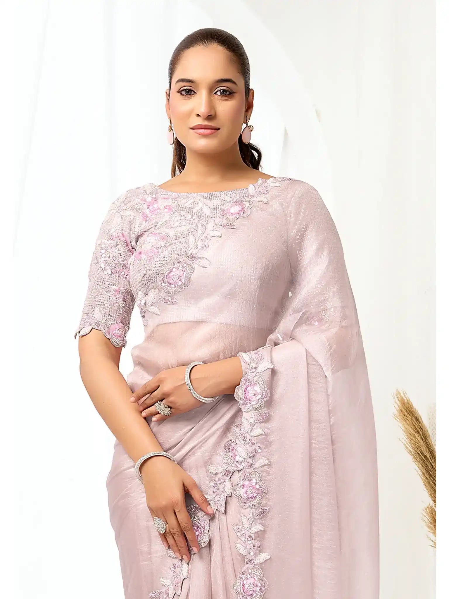 Blush Pink Organza Satin Dual Sequins & Beads Saree - View 2