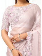 Blush Pink Organza Satin Dual Sequins & Beads Saree - View 3