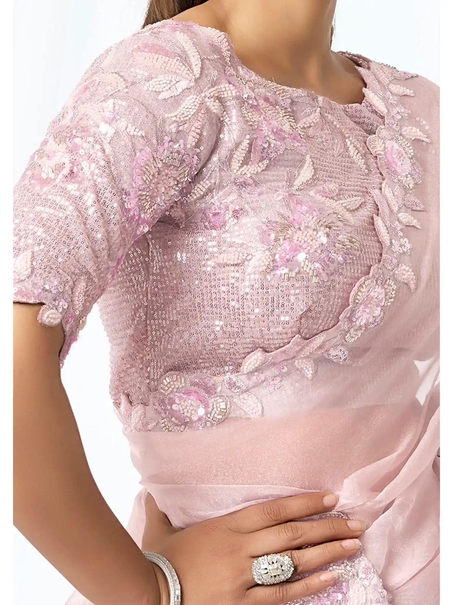 Blush Pink Organza Satin Dual Sequins & Beads Saree - View 4