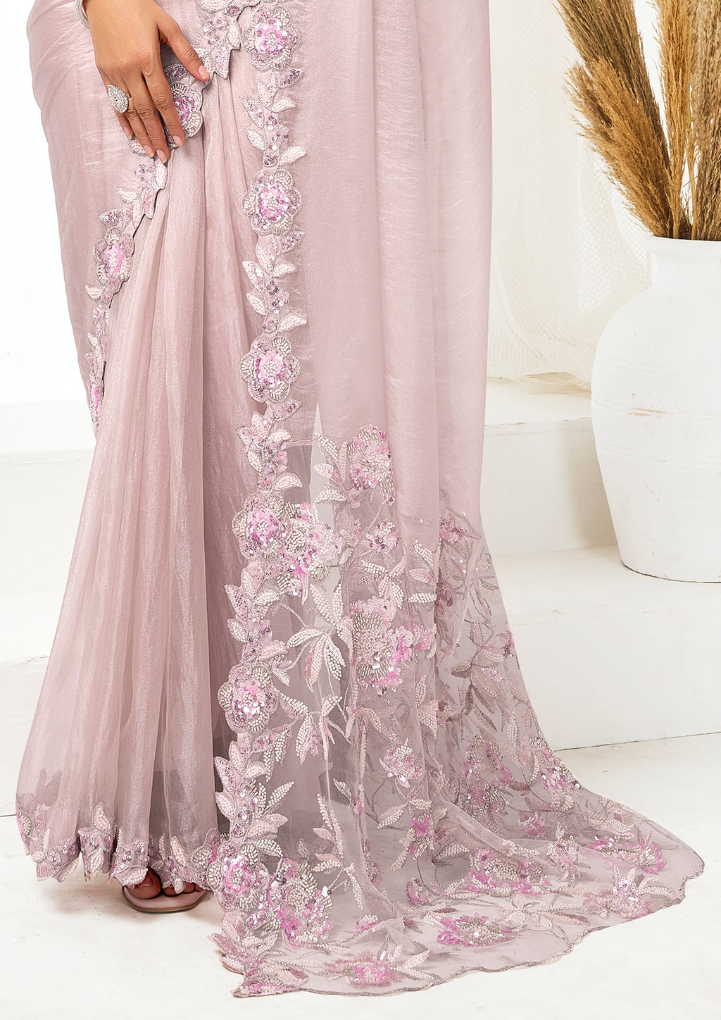 Blush Pink Organza Satin Designer Saree for Wedding, Reception & Party Wear