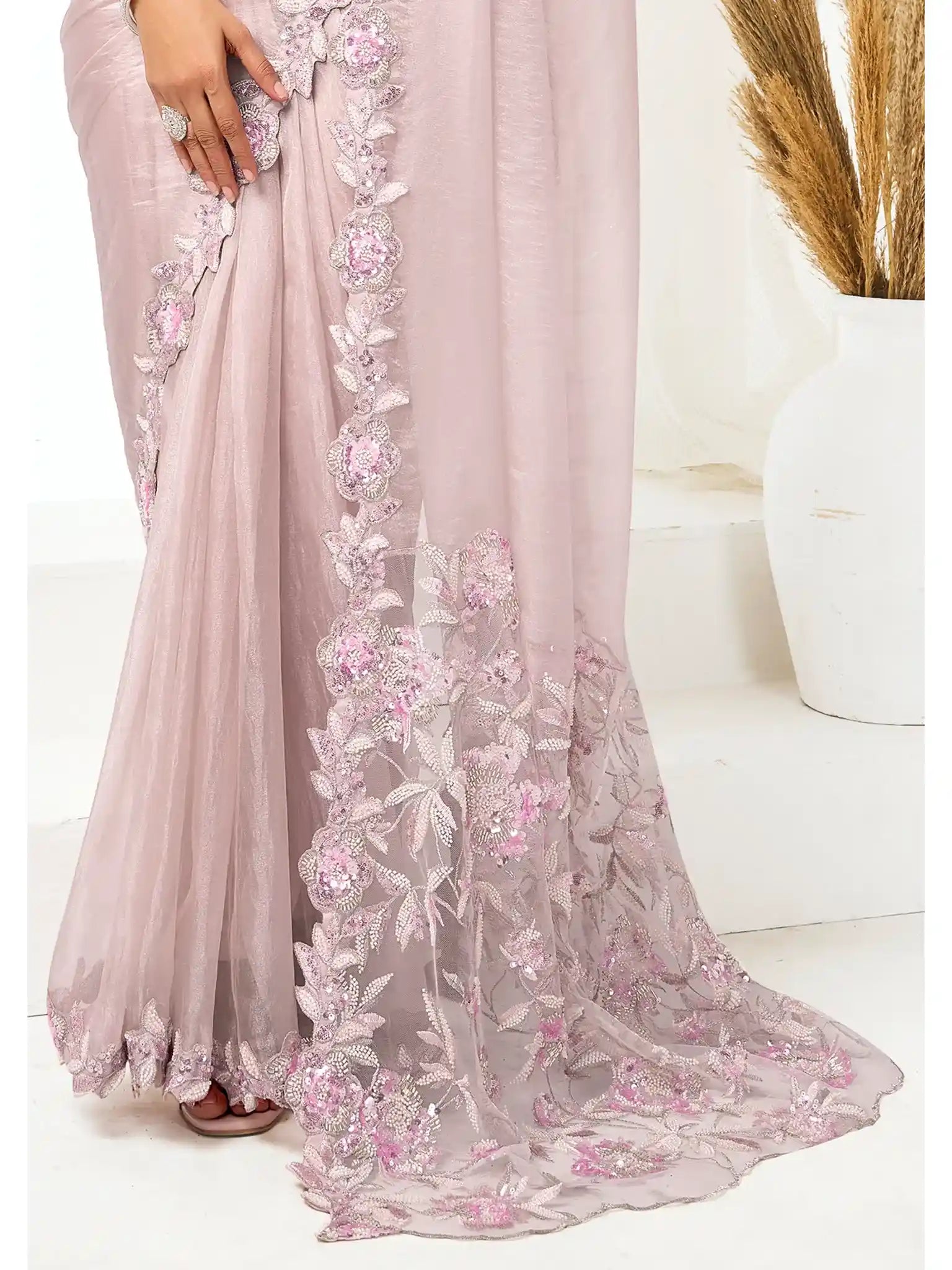 Blush Pink Organza Satin Dual Sequins & Beads Saree - View 5
