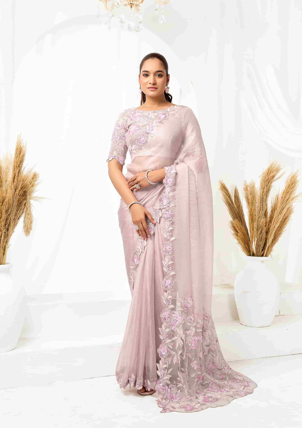 Blush Pink Organza Satin Designer Saree for Wedding, Reception & Party Wear
