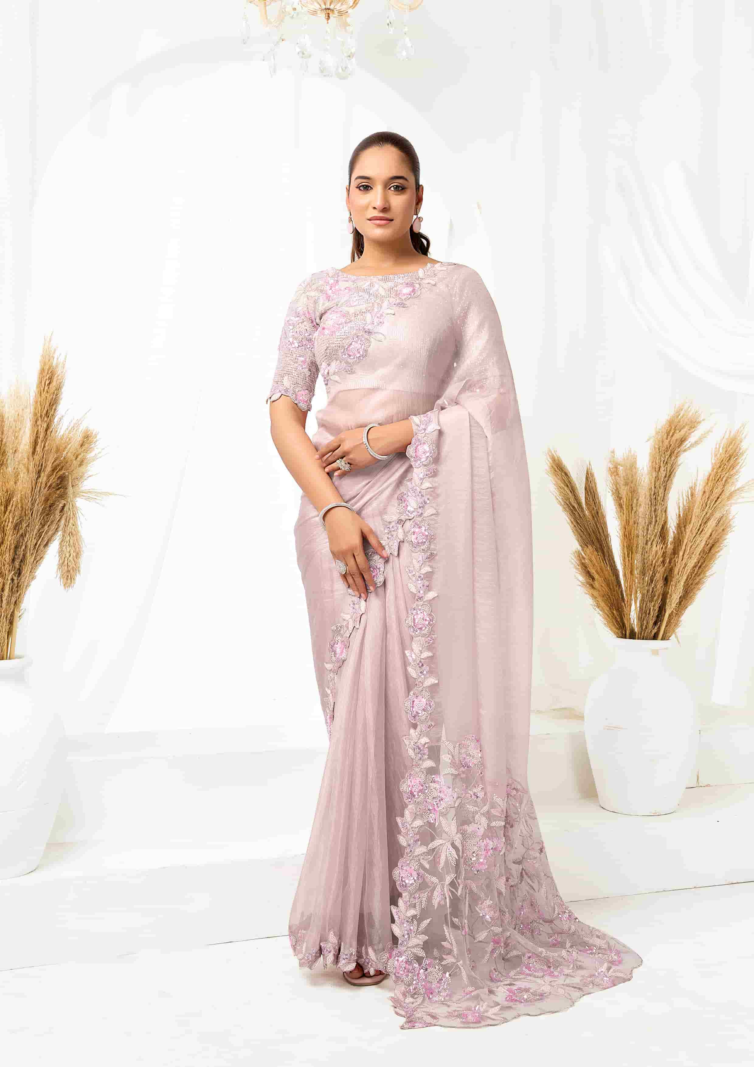 Blush Pink Organza Satin Designer Saree for Wedding, Reception & Party Wear