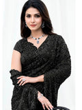 Black Armani Tulle, Stones Applique & Pure Beads Work Saree - View 1