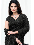 Black Armani Tulle, Stones Applique & Pure Beads Work Saree - View 1