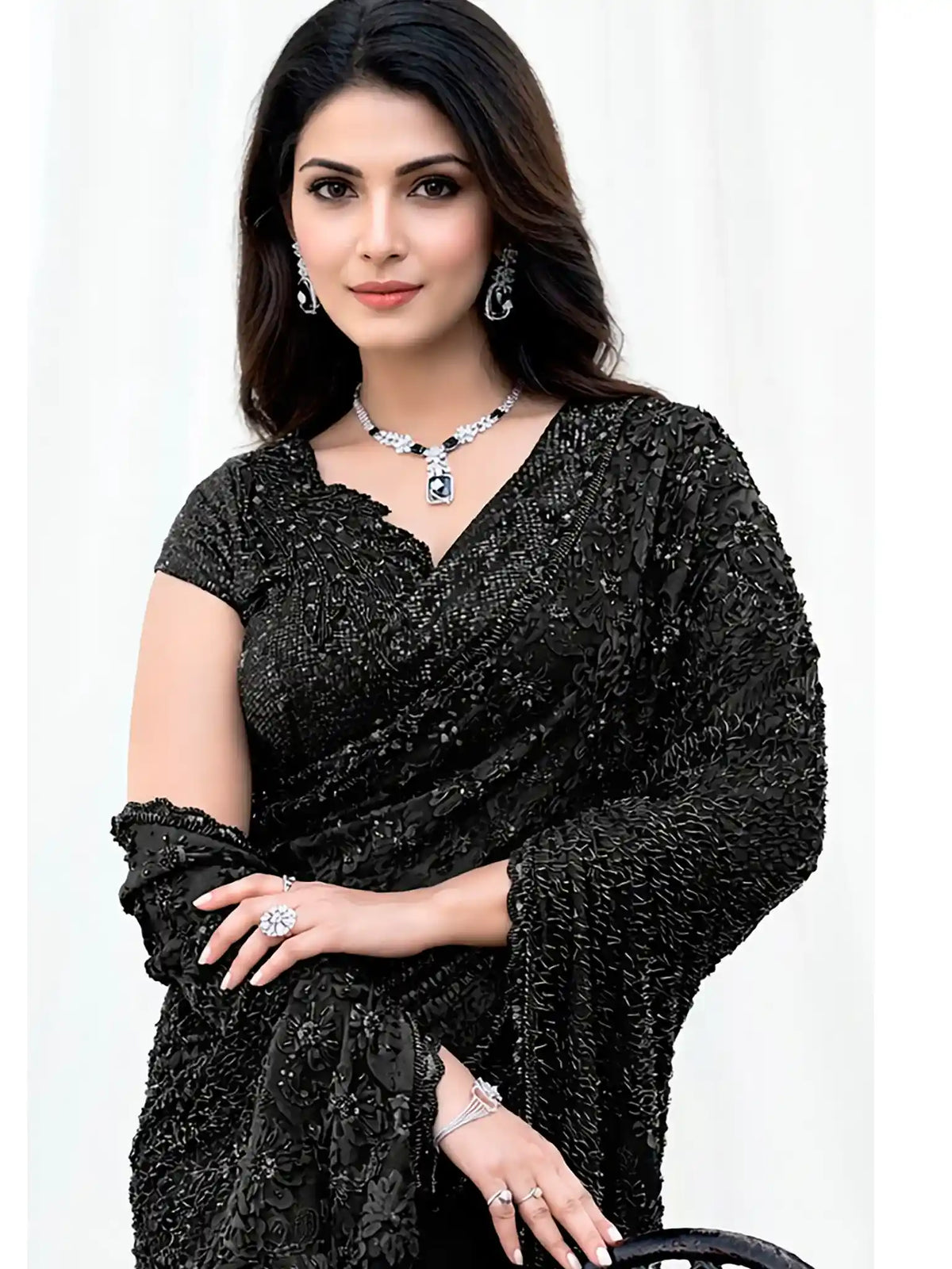 Black Armani Tulle, Stones Applique & Pure Beads Work Saree - View 1