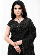 Black Armani Tulle, Stones Applique & Pure Beads Work Saree - View 2