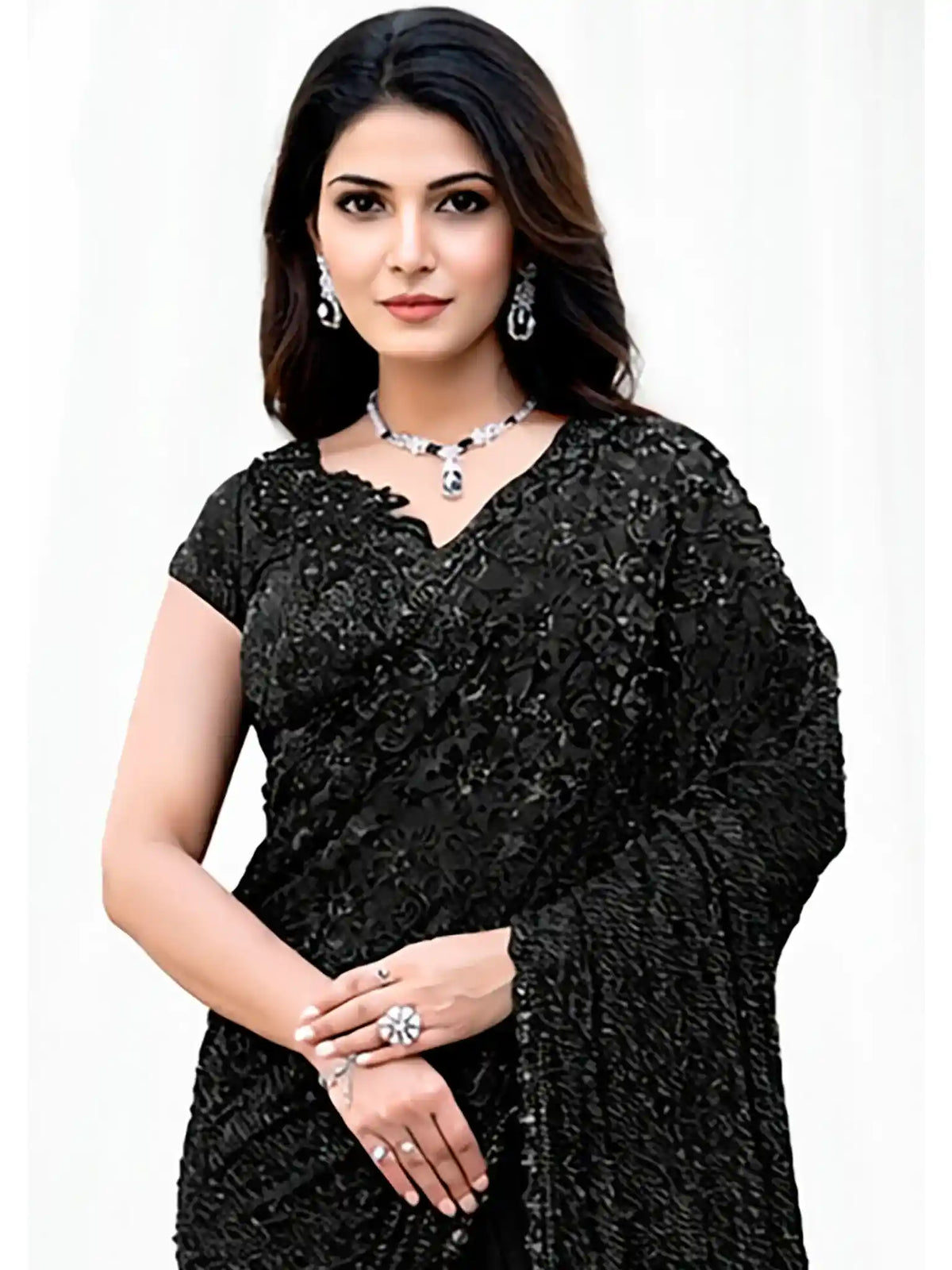Black Armani Tulle, Stones Applique & Pure Beads Work Saree - View 2