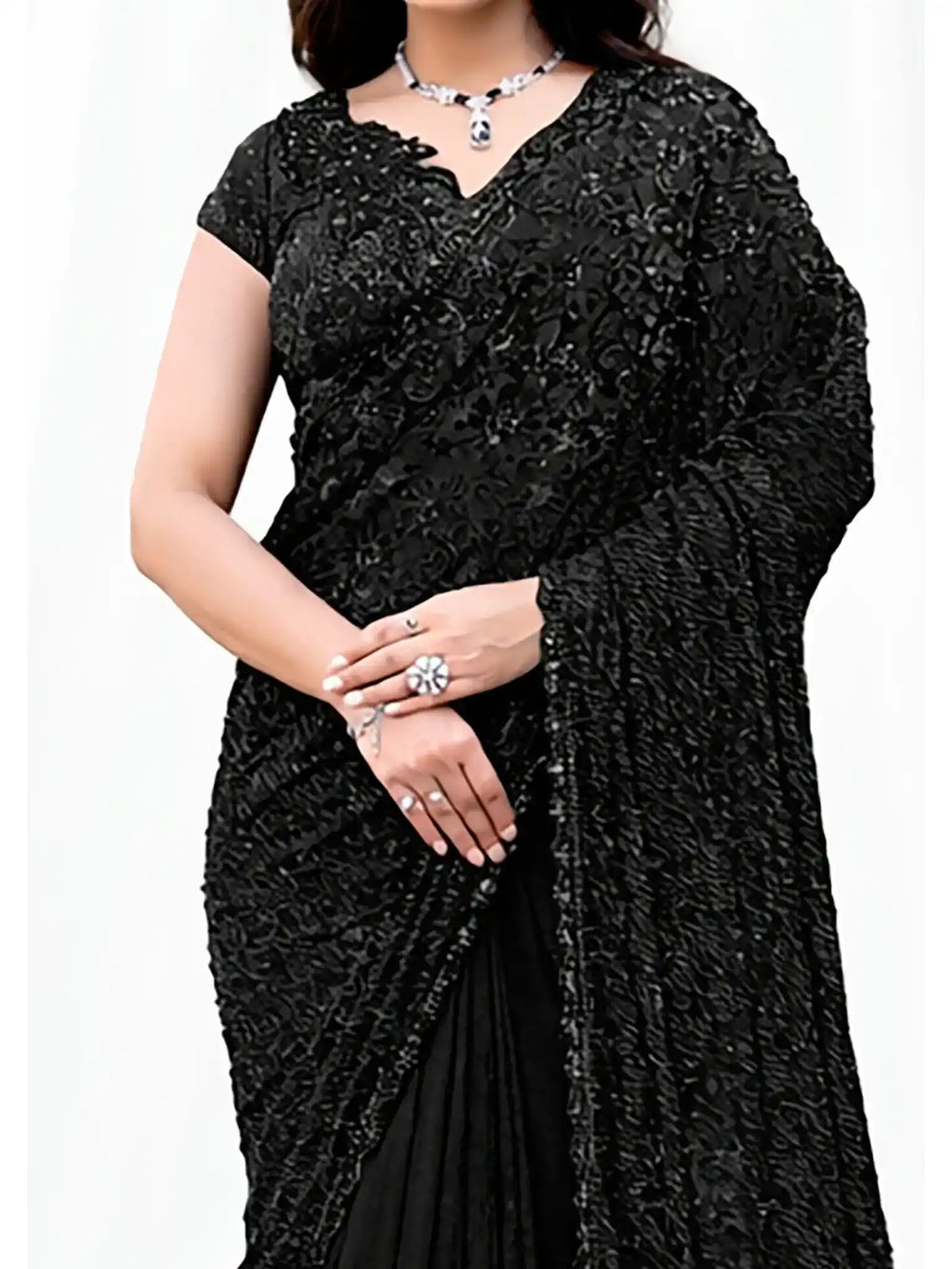 Black Armani Tulle, Stones Applique & Pure Beads Work Saree - View 3