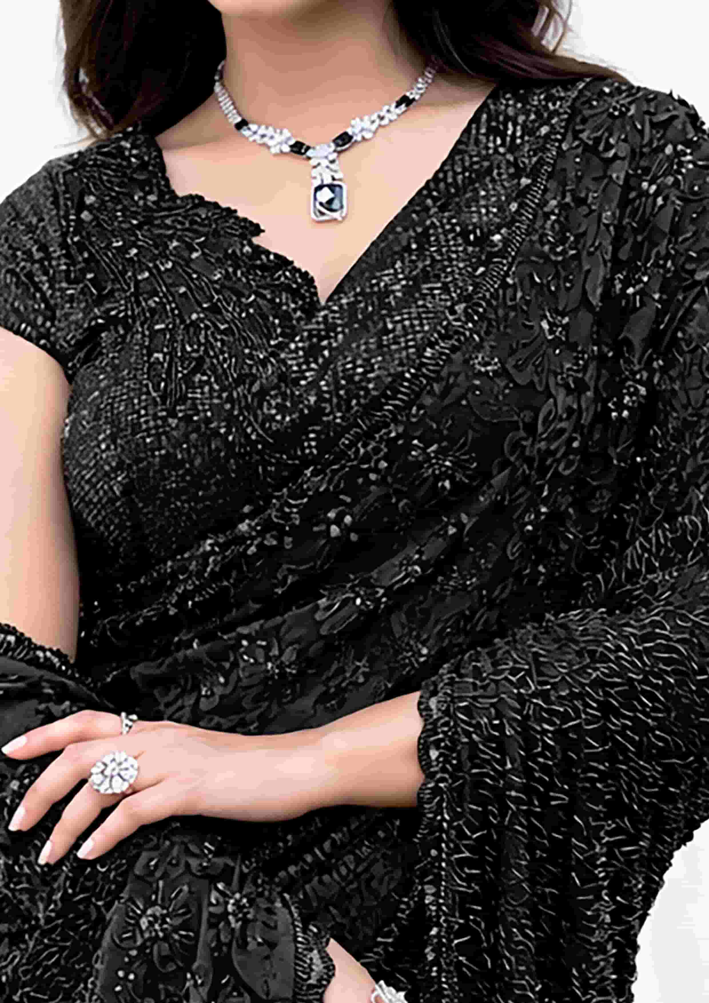 Black Armani Tulle, Stones Designer Saree for Wedding, Reception & Party Wear