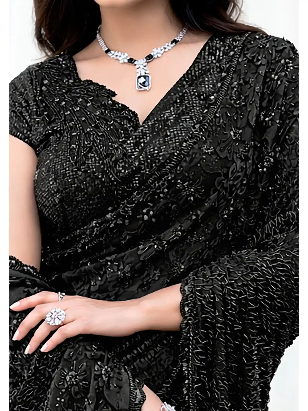 Black Armani Tulle, Stones Applique & Pure Beads Work Saree - View 4