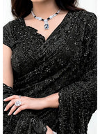 Black Armani Tulle, Stones Applique & Pure Beads Work Saree - View 4