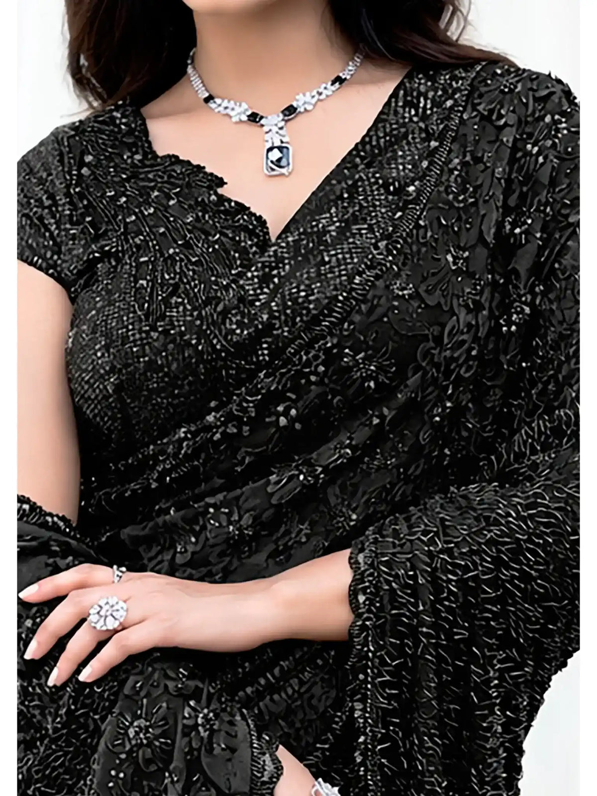 Black Armani Tulle, Stones Applique & Pure Beads Work Saree - View 4