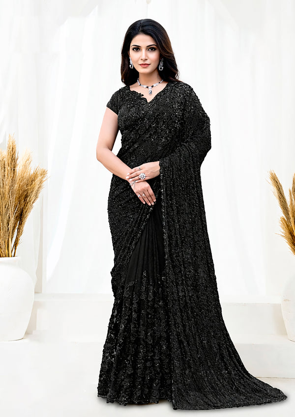 Black Armani Tulle, Stones Applique & Pure Beads Work Saree