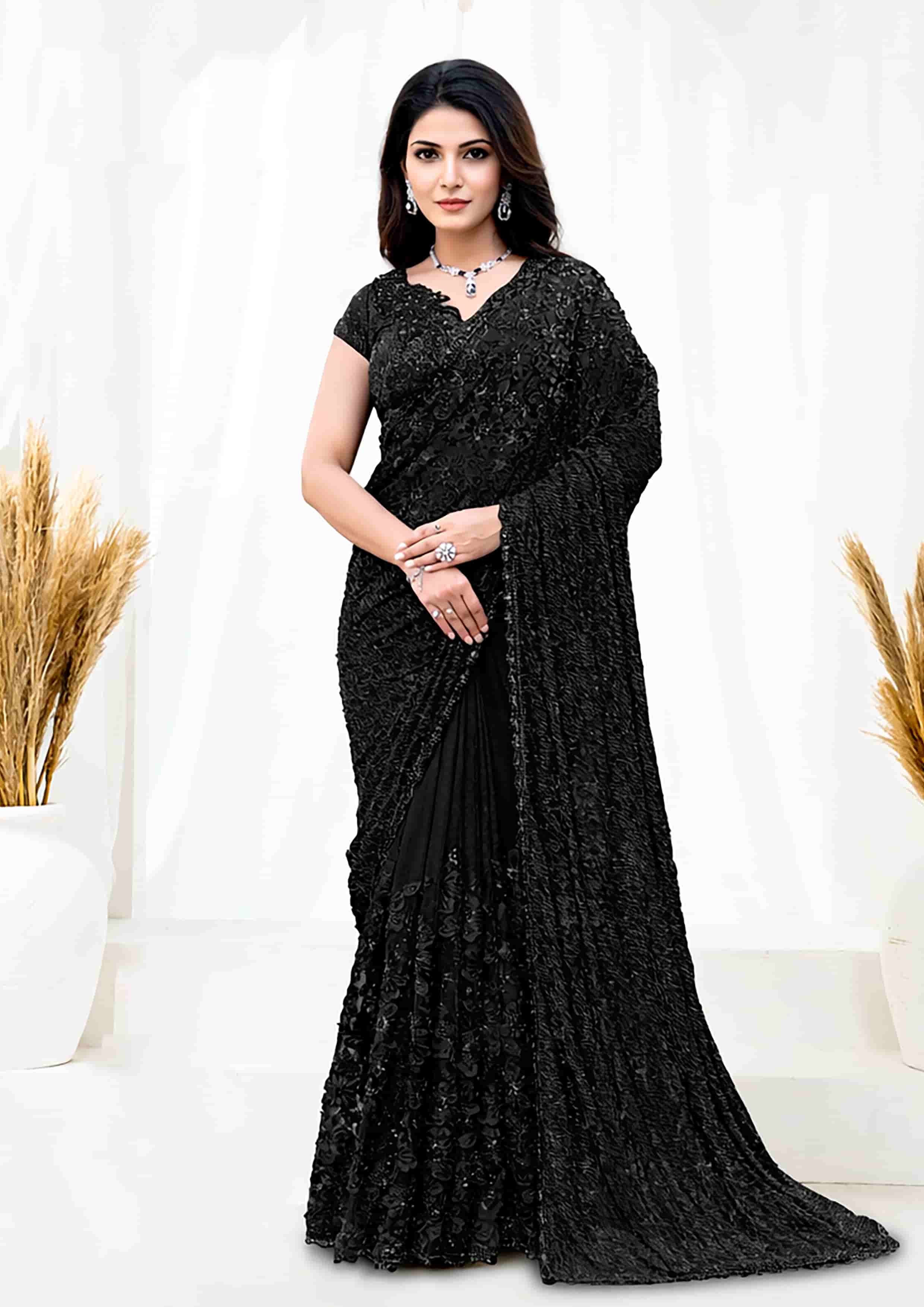 Black Armani Tulle, Stones Designer Saree for Wedding, Reception & Party Wear