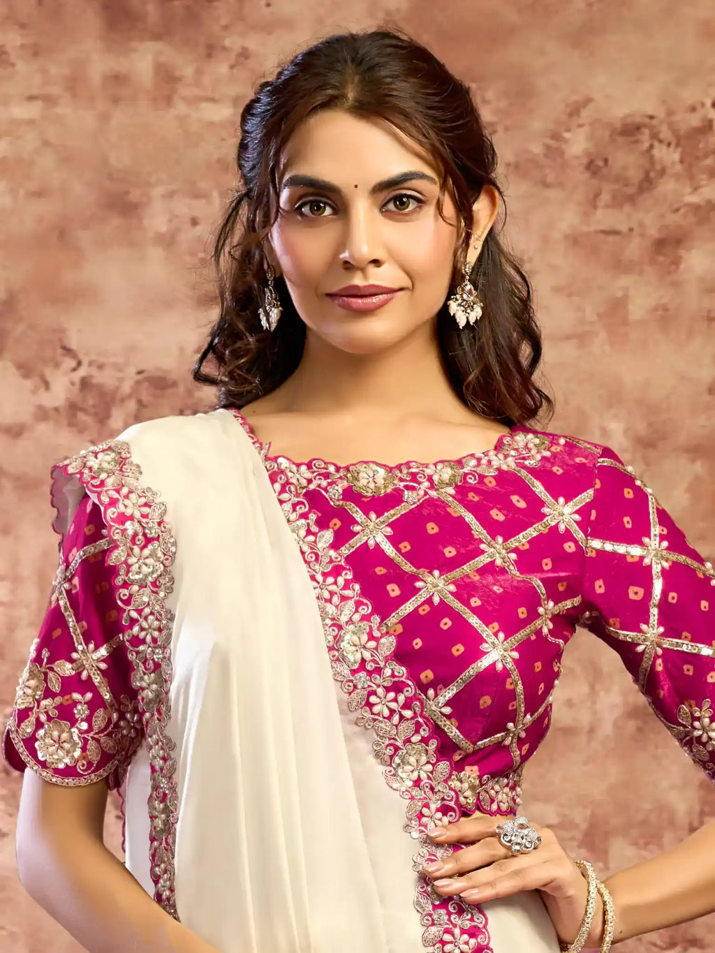 Off-White Lustrous Satin Silk Dual Sequins & Pearl Work Saree - View 2