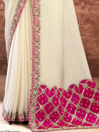 Off-White Lustrous Satin Silk Dual Sequins & Pearl Work Saree - View 3