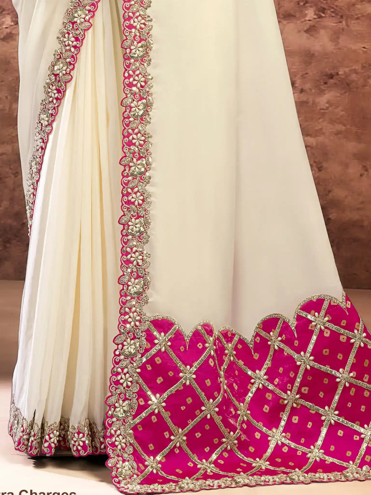 Off-White Lustrous Satin Silk Dual Sequins & Pearl Work Saree - View 3