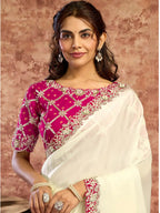 Off-White Lustrous Satin Silk Dual Sequins & Pearl Work Saree - View 4