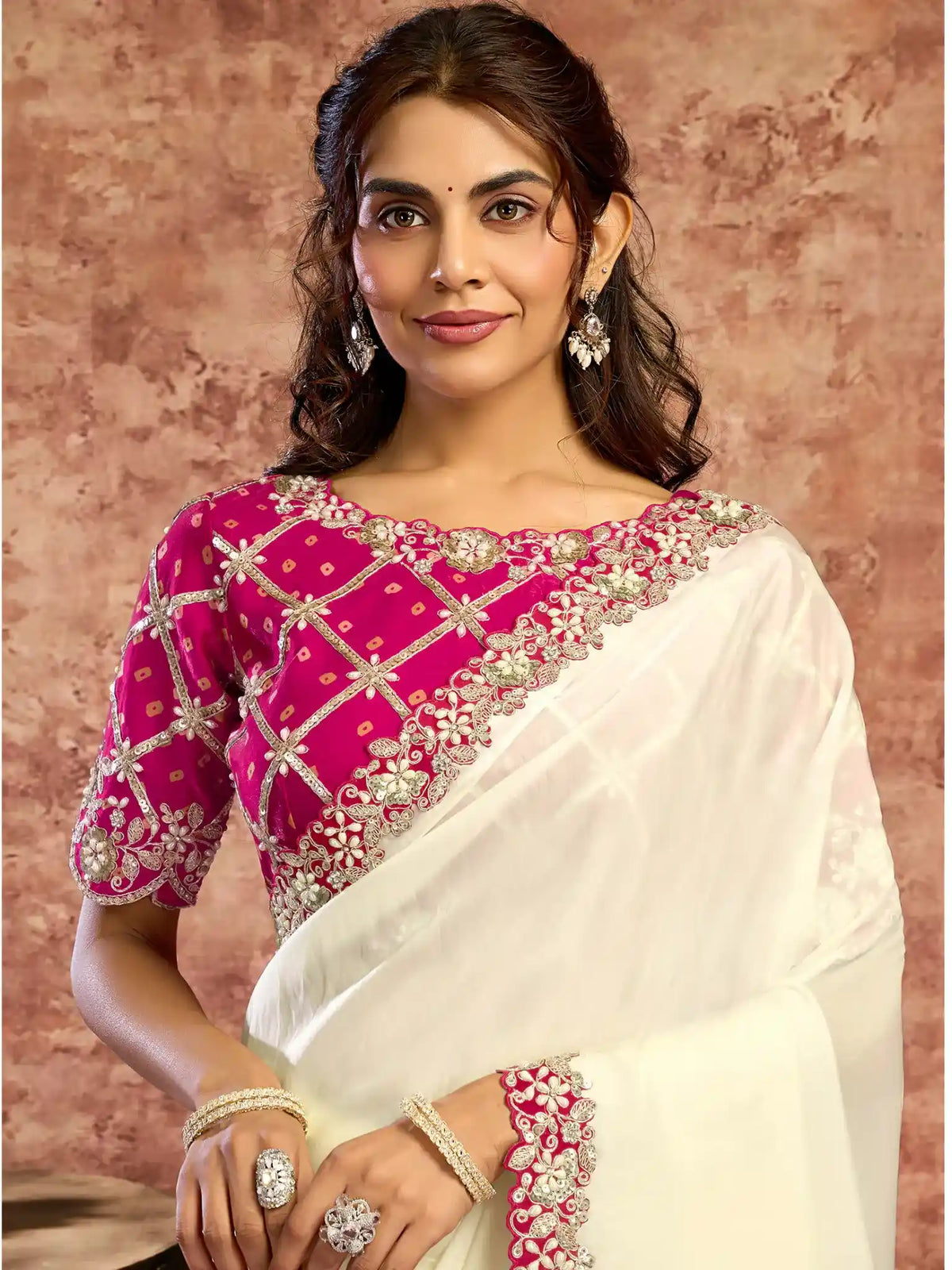 Off-White Lustrous Satin Silk Dual Sequins & Pearl Work Saree - View 4
