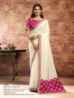 Off-White Lustrous Satin Silk Dual Sequins & Pearl Work Saree - View 1