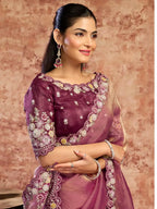 Mauve Zari Organza Satin Multi Thread Floral Embroidery Saree - View 2
