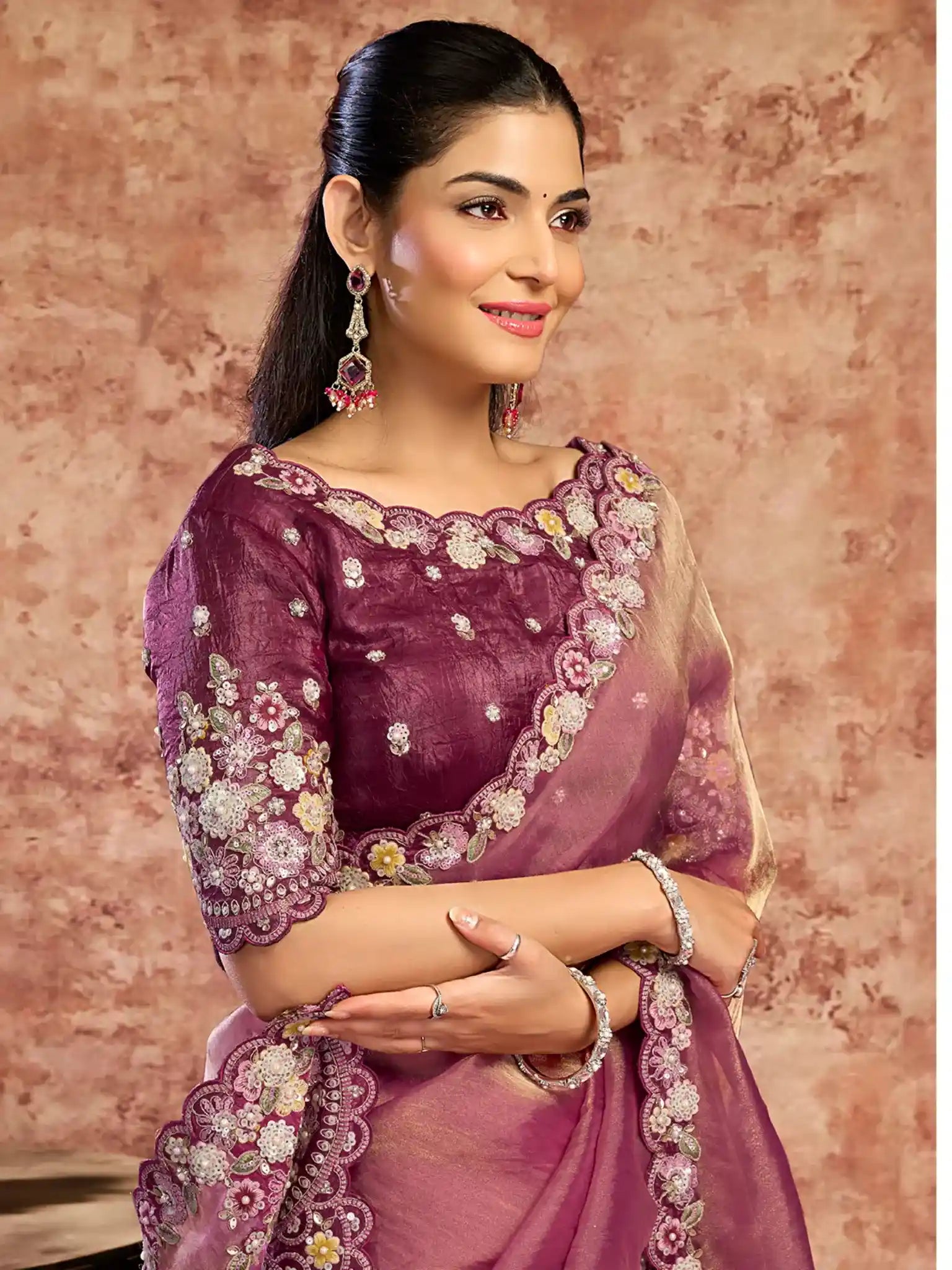 Mauve Zari Organza Satin Multi Thread Floral Embroidery Saree - View 2