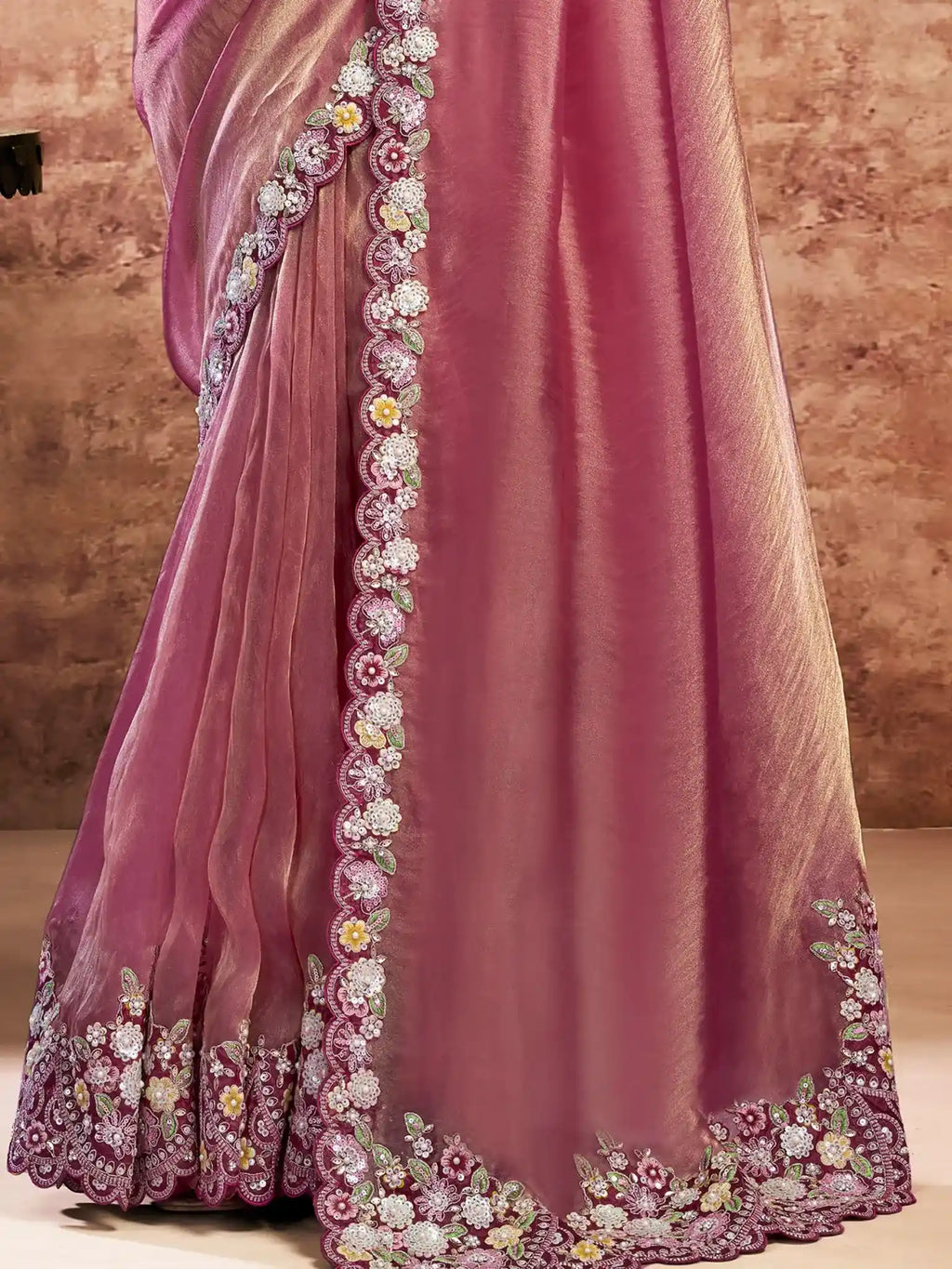 Mauve Zari Organza Satin Multi Thread Floral Embroidery Saree - View 3