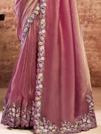 Mauve Zari Organza Satin Multi Thread Floral Embroidery Saree - View 3