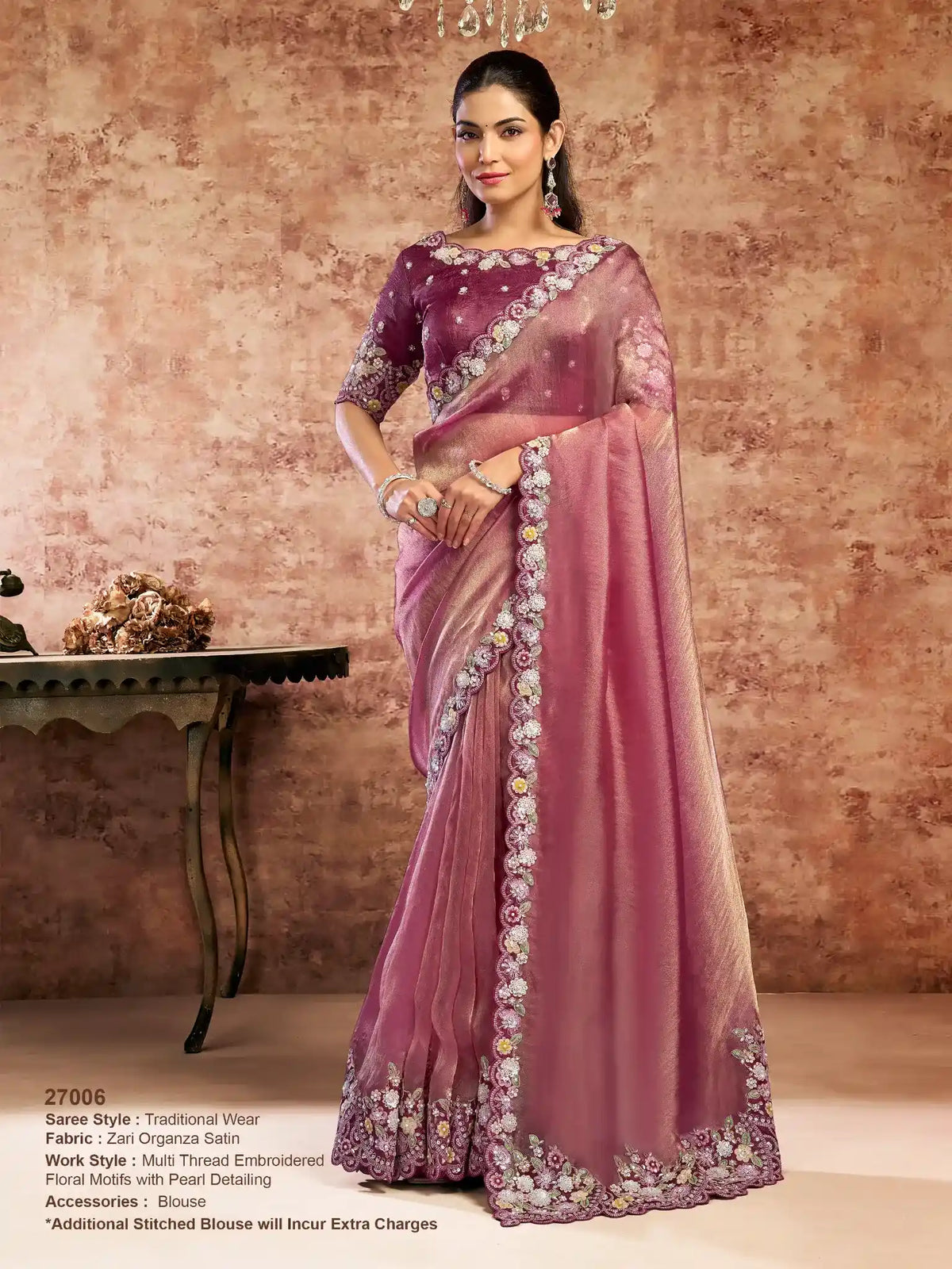 Mauve Zari Organza Satin Multi Thread Floral Embroidery Saree - View 1