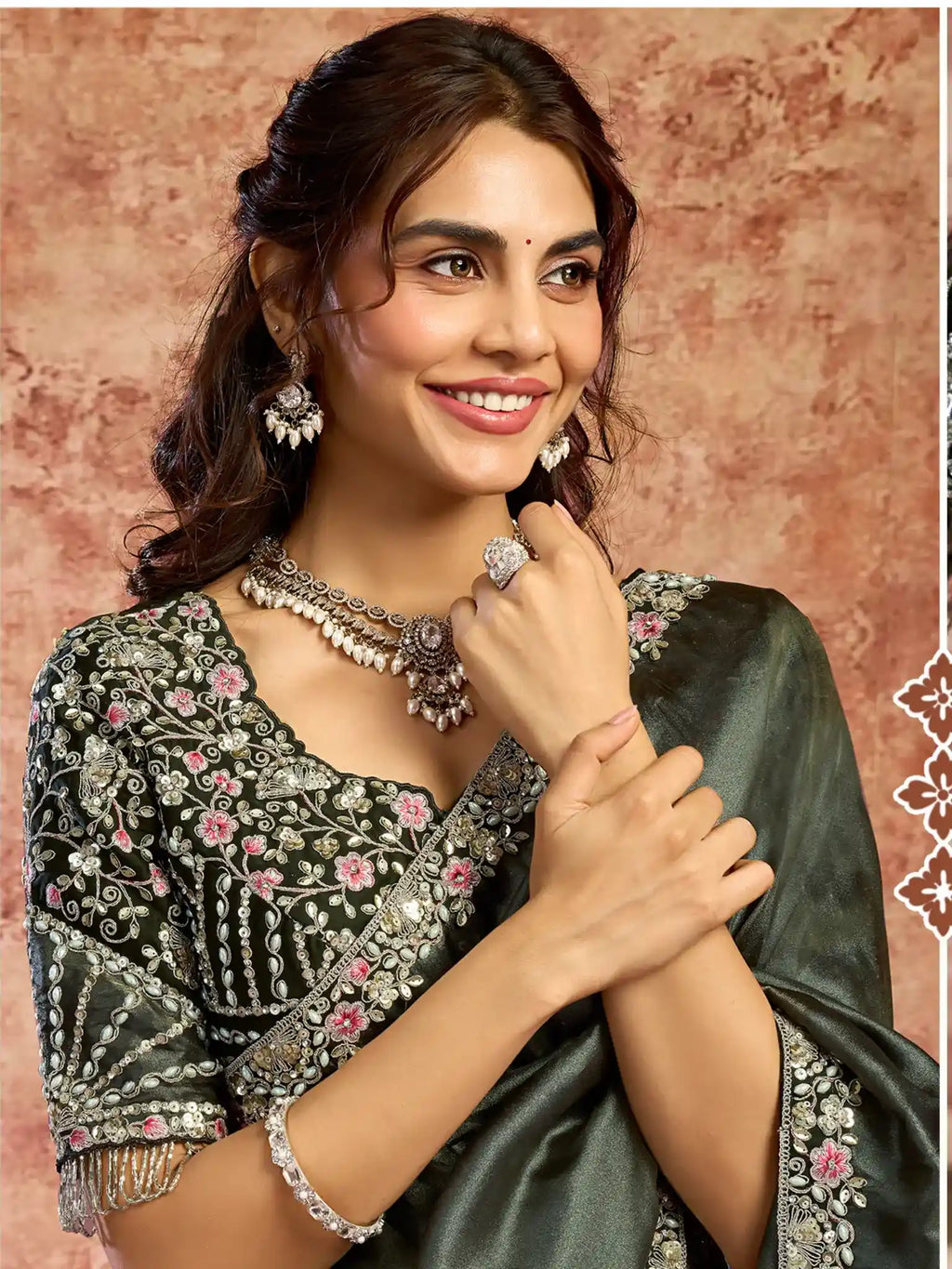 Dark Green Zari Organza Satin Sequins & Cutdana Embroidery Saree - View 2