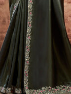 Dark Green Zari Organza Satin Sequins & Cutdana Embroidery Saree - View 3