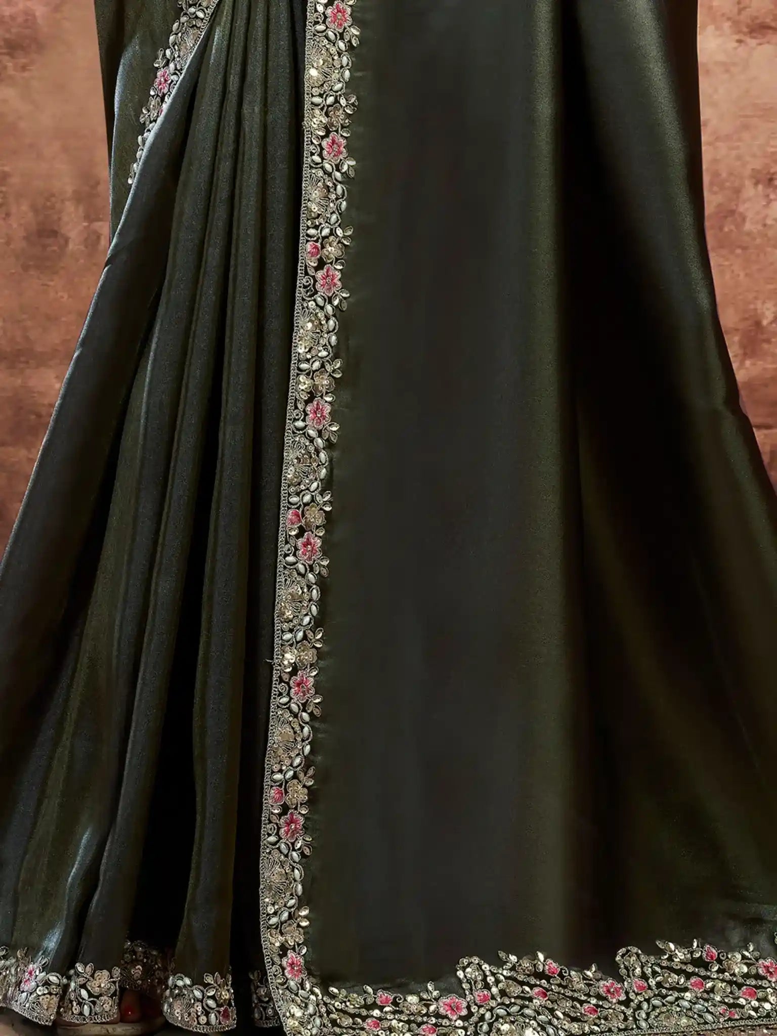 Dark Green Zari Organza Satin Sequins & Cutdana Embroidery Saree - View 3