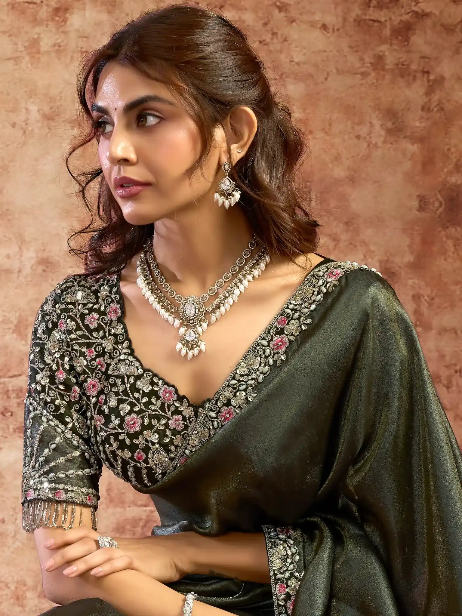 Dark Green Zari Organza Satin Sequins & Cutdana Embroidery Saree - View 4