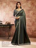 Dark Green Zari Organza Satin Sequins & Cutdana Embroidery Saree - View 1