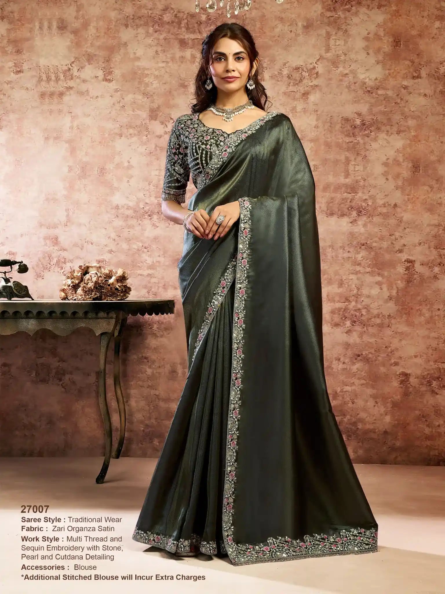Dark Green Zari Organza Satin Sequins & Cutdana Embroidery Saree - View 1