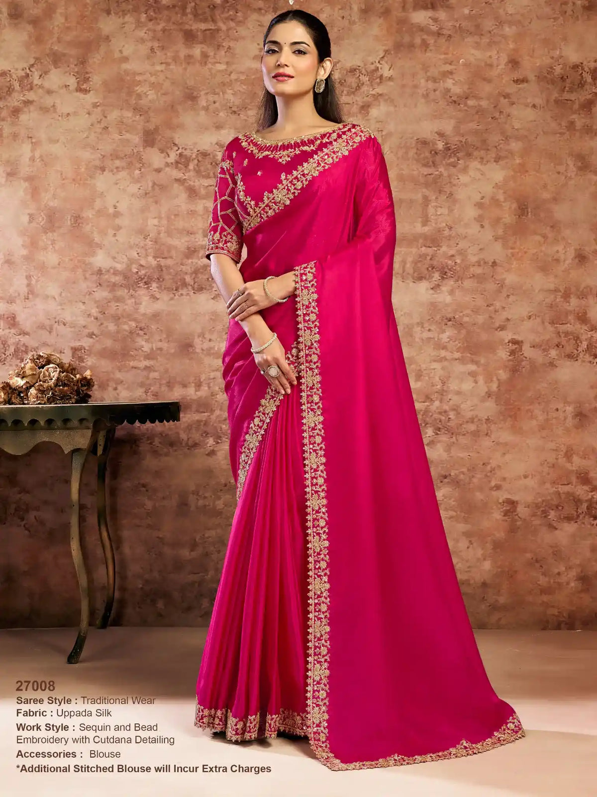 Rani Pink Uppada Silk Sequins & Cutdana Embroidery Saree - View 1