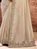 Beige Uppada Silk Multi Thread Floral Embroidery Saree - View 3